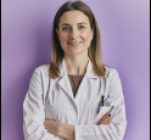 woman pharmacist portrait friendly, lilac backround